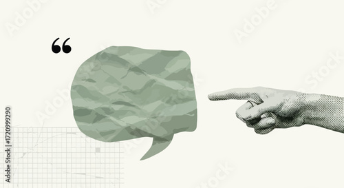 Conceptual image of a hand pointing to a crumpled paper speech bubble.