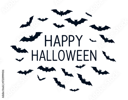 A Halloween greeting featuring numerous bats surrounding the words "Happy Halloween".
