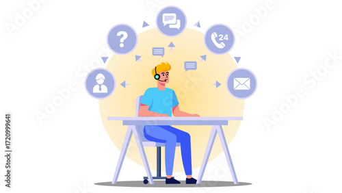 A customer support representative wearing a headset sits at a desk, surrounded by icons representing various communication channels, ready to provide assistance. Isolated image.