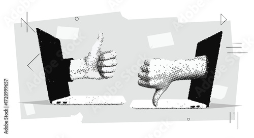 Digital feedback exchange with thumbs up and down hands emerging from laptops in modern abstract design