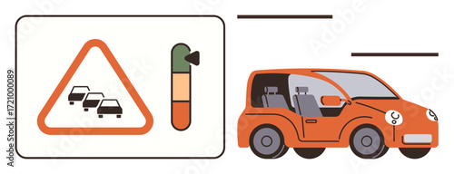 Car moving alongside a congestion warning sign with a traffic flow indicator bar. Ideal for transportation, road safety, commute, urban planning, smart systems, traffic management, simple flat