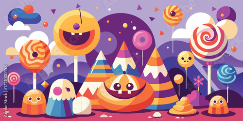 Bright and colorful candyland scene featuring playful monsters and whimsical trees with lollipops and mountains on a sunny day