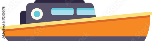 Orange motorboat floating on water, side view illustration