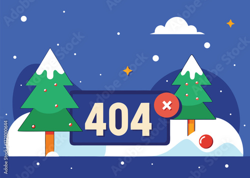 Creative winter landscape featuring snow-covered trees and a playful 404 error sign with a festive touch in a clear blue sky