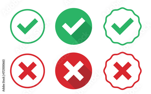 Check Mark and Cross Icons Set in Green and Red Badges Vector for Approval and Error Symbols
