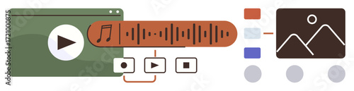 Media player with audio waveform, play and stop buttons, editing tools, and image preview frame. Ideal for multimedia, technology, design, audio editing, digital tools creativity content