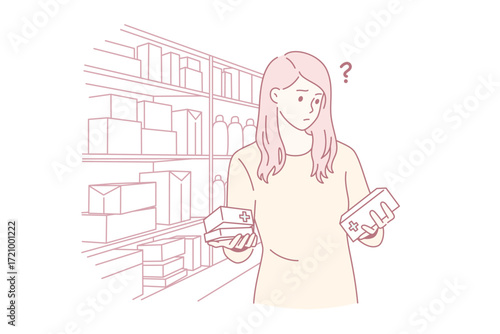 Difficult choice in pharmacy concept. Young frustrated woman cartoon character standing trying to choose right medicine in pharmacy shop vector illustration