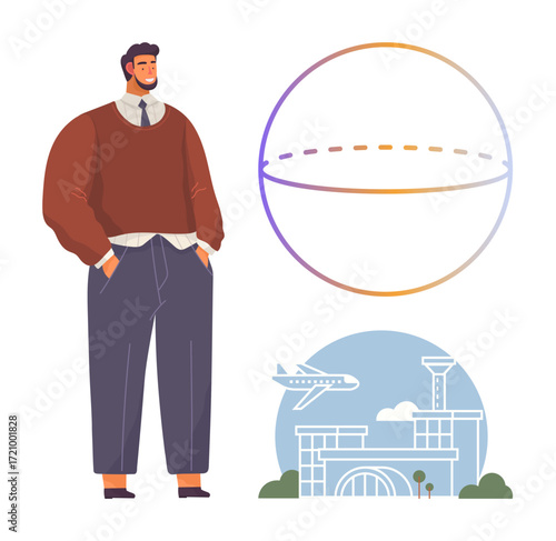 Confident man in casual attire stands next to a globe illustration and an airport with a plane taking off. Ideal for travel, business, international relations, logistics, tourism, global