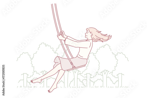 Summer leisure and activities concept. Young smiling woman cartoon character enjoying ride on swings outdoors enjoying ride vector illustration