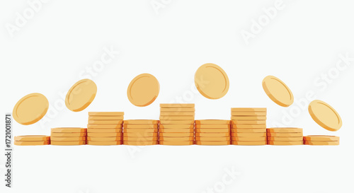 3D render of golden coins stacked in a rising and falling graph pattern with floating coins, symbolizing financial growth and investment on a white background.