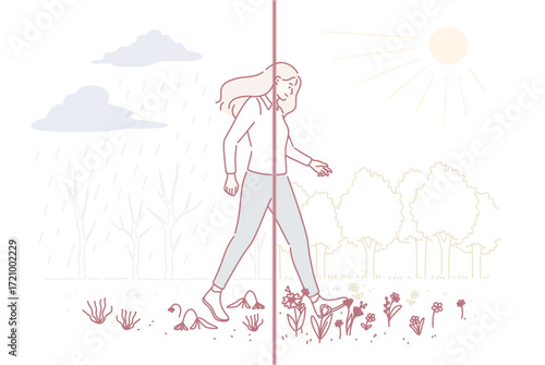 Variety of nature weather concept. Young woman cartoon character making step from gloomy grey rainy weather to sunny clear day vector illustration