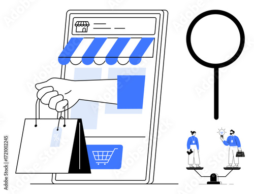 Hand emerging from smartphone holds shopping bags, magnifying glass symbolizes search, individuals weigh decisions. Ideal for e-commerce, online shopping, consumer choice, digital retail