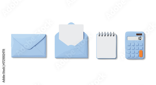 Organized pastel blue office essentials flat lay offers a modern and clean aesthetic for business, finance, and creative projects with space for text