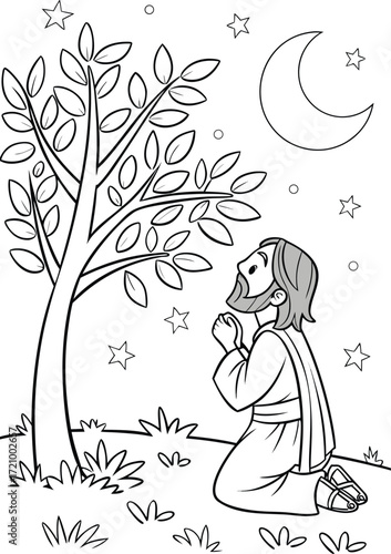 line art jesus praying alone in a garden under oli.eps