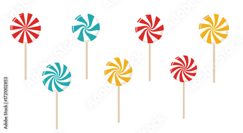 A colorful assortment of swirl lollipops arranged on a white background.
