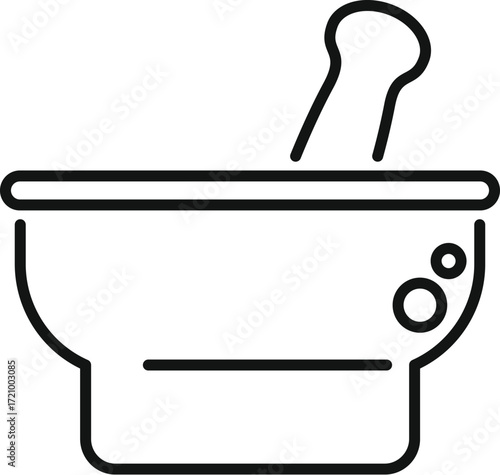 Line drawing of a mortar and pestle, used for grinding and mixing ingredients in cooking or medicine preparation