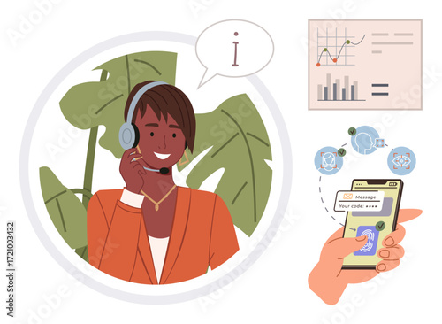 Smiling support agent in headset, analytics chart, phone with code scan. Ideal for customer support, communication, analytics, remote assistance, data security teamwork digital solutions. Modern