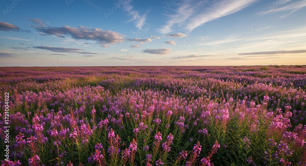 Fototapeta premium Dreamy lavender wildflowers in a blooming field under a peaceful sunset sky