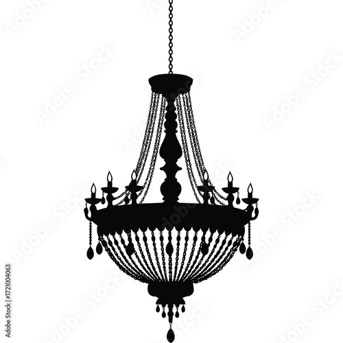 A detailed silhouette of an ornate chandelier hanging from a chain against a white plain background view