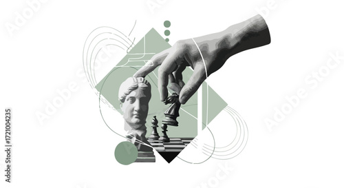 Artistic depiction of a hand moving a chess piece, with a bust and geometric shapes.