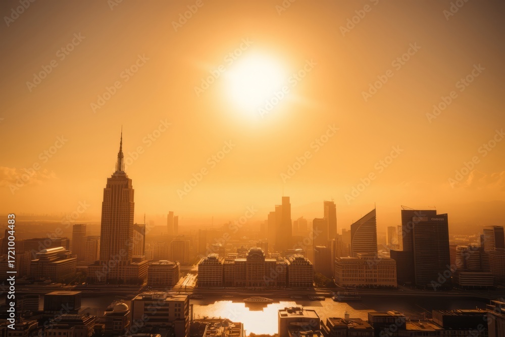 Fototapeta premium Golden Sunrise on Cityscape: An aerial cityscape bathed in the warm glow of a sunrise, featuring towering skyscrapers and modern architectural marvels silhouetted against the radiant sun. 