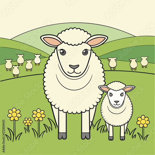 Cute cartoon sheep and lamb on a green grassy hill with flowers