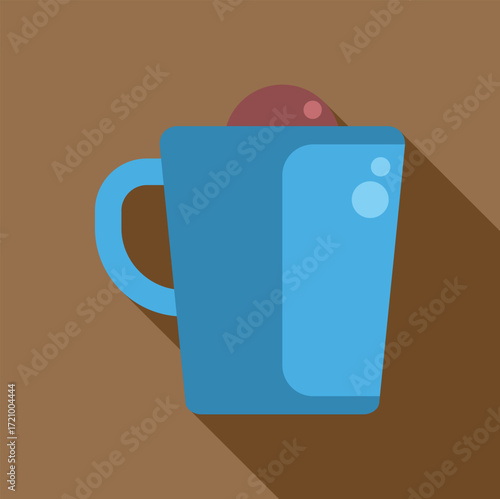 Blue mug containing hot chocolate and marshmallow, creating bubbles on brown background, perfect for representing a cozy winter drink