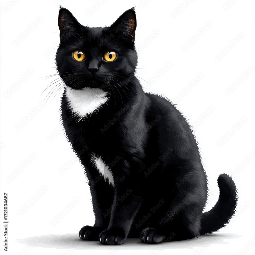 Fototapeta premium A black cat with a white patch on its chest sits upright. It has bright yellow eyes and a sleek coat. The background is plain white, emphasizing the cat's features.