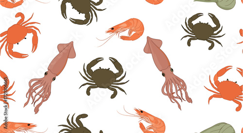 A seamless pattern featuring various types of seafood and shellfish.