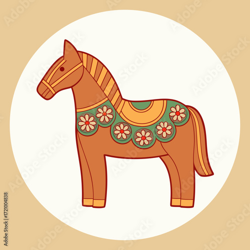 Decorative folk art horse illustration with floral saddle