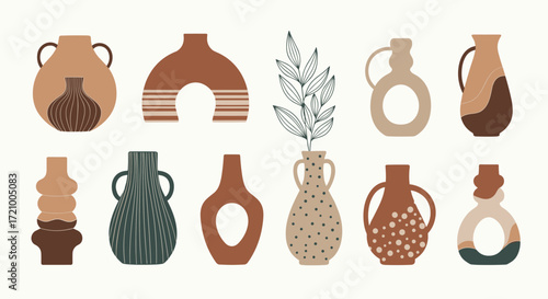 A collection of artistic ceramic vases with abstract patterns and earthy tones.