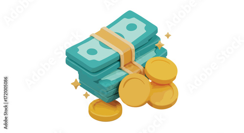 Stack of cash and gold coins sparkling with financial success and wealth accumulation