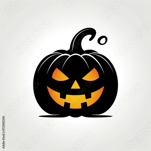 A carved Halloween pumpkin with a sinister face, glowing orange from within. The pumpkin is black with a twisted stem, set against a light background.