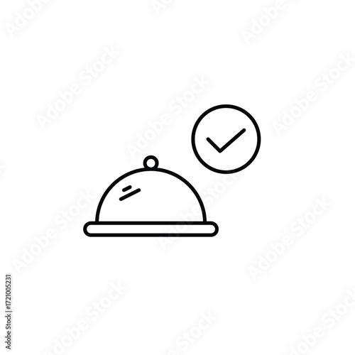 Restaurant food cloche and checkmark. Verified meal, completed delivery order. Pixel perfect, editable stroke vector icon