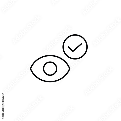 Eye and checkmark. Successful sight exam, turn on visibility. Pixel perfect, editable stroke vector icon