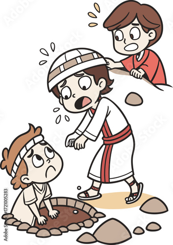 line art joseph being thrown into a pit by his bro.eps