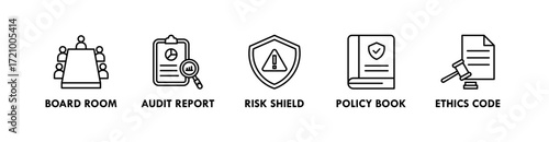 Corporate Governance banner web icon vector illustration concept with icon of board room, audit report, risk shield, policy book, and ethics code