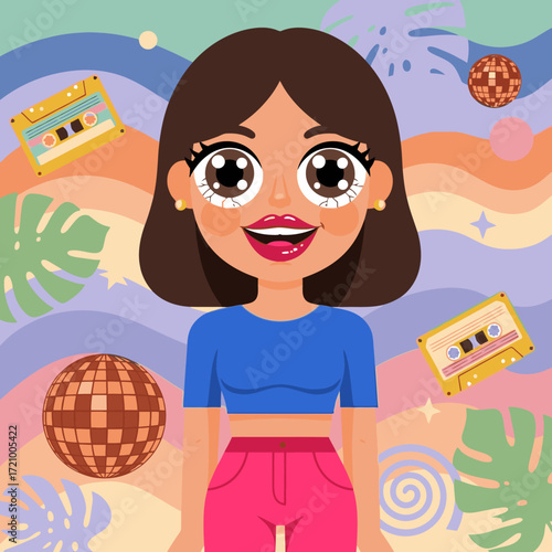 Groovy girl with a retro vibe, perfect for fun summer designs and nostalgic projects with a pop art flair, ready to bring the 80s back to life