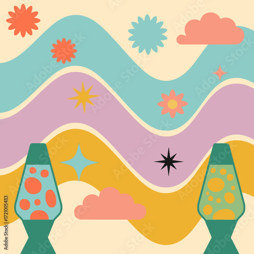 Groovy 70s inspired lava lamps and retro designs for vibrant, nostalgic, and funky projects with a cool, vintage vibe perfect for unique designs