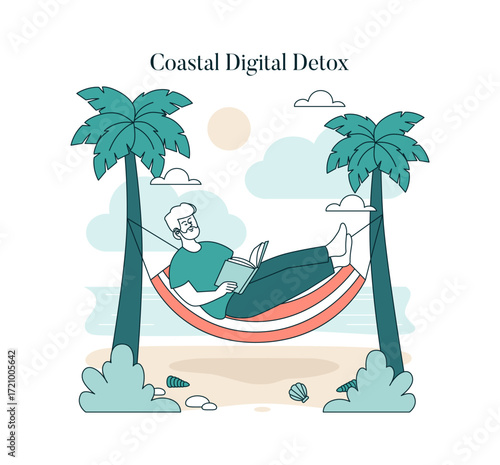 Man Relaxing in Hammock on Beach Vector Illustration