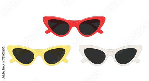 Three pairs of cat eye sunglasses in red, yellow, and white.
