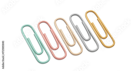 A row of five colorful paper clips in pastel and metallic shades isolated on a white background.