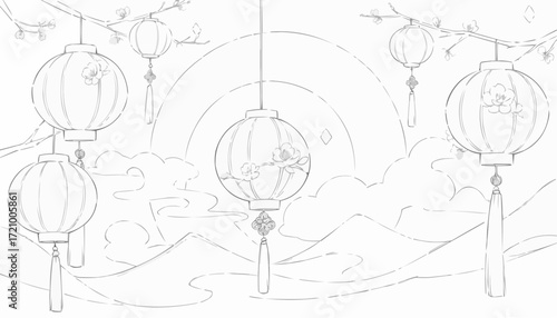 Black and white coloring page featuring decorative lanterns hanging in a scenic landscape with mountains and clouds