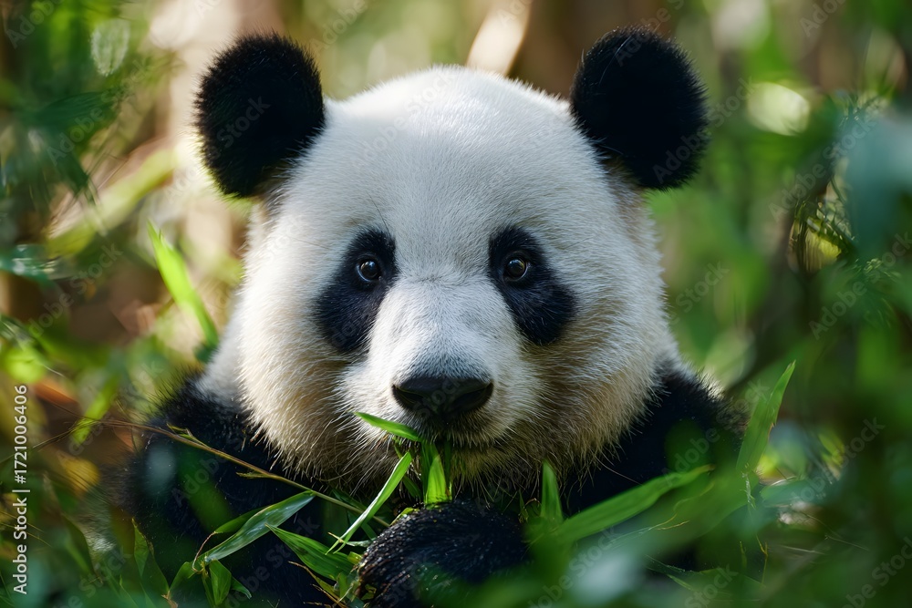 Obraz premium A giant panda stares directly at the camera while munching on green bamboo leaves, surrounded by dense forest vegetation. 