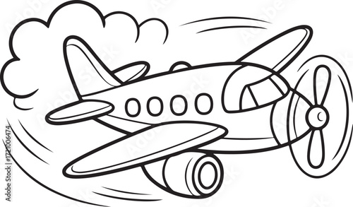 Cute Cartoon Airplane Illustration – Kids Coloring Book Style Vector