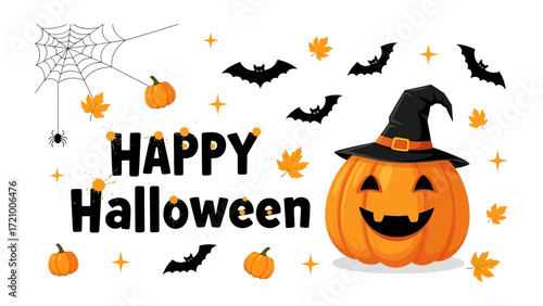 Happy Halloween: A festive Halloween greeting featuring a grinning pumpkin wearing a witch's hat, surrounded by bats, spiders, webs, and pumpkins, creating a cheerful and spooky scene.