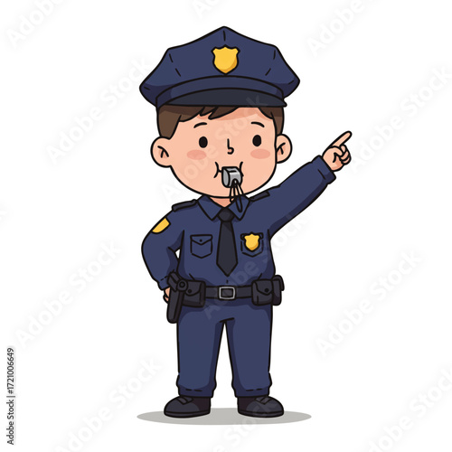 A playful little boy dressed as a police officer in a vibrant flat 2D vector illustration, confidently directing imaginary traffic with a whistle, depicting childhood dreams.