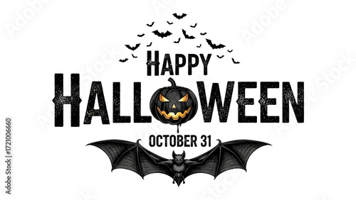Happy Halloween: A festive and spooky design showcasing the essence of Halloween with bats, a carved pumpkin, and the iconic greeting. The art perfectly captures the Halloween spirit.