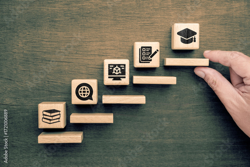 Wooden blocks arranged as educational steps with icons representing reading, internet research, digital learning, testing, and graduation, symbolizing continuous lifelong learning