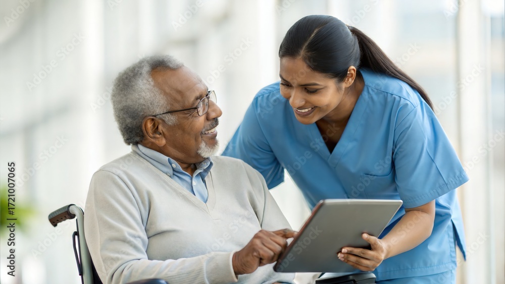 Fototapeta premium Friendly nurse assisting senior Indian man in wheelchair — learning together on digital tablet